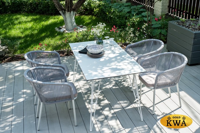 "Марсель" стул плетеный из роупа, каркас алюминий белый муар, роуп светло-серый круглый, ткань светло-серая