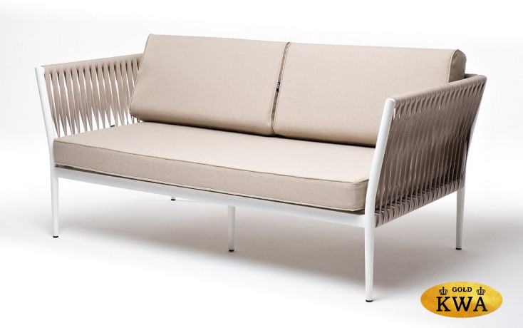 "Касабланка" диван 2-местный плетеный из роупа, каркас алюминий белый муар, роуп бежевый 20мм, ткань бежевая 035