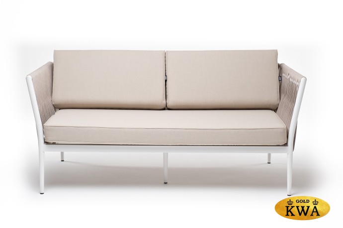 "Касабланка" диван 2-местный плетеный из роупа, каркас алюминий белый муар, роуп бежевый 20мм, ткань бежевая 035