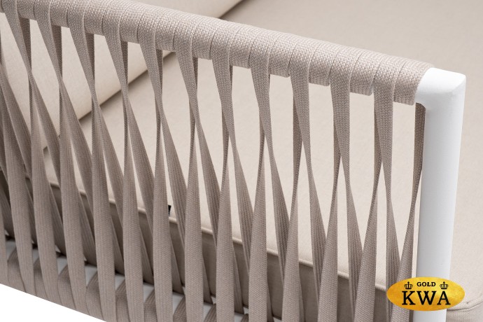 "Касабланка" диван 2-местный плетеный из роупа, каркас алюминий белый муар, роуп бежевый 20мм, ткань бежевая 035