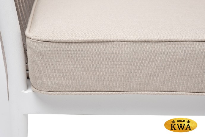 "Касабланка" диван 2-местный плетеный из роупа, каркас алюминий белый муар, роуп бежевый 20мм, ткань бежевая 035