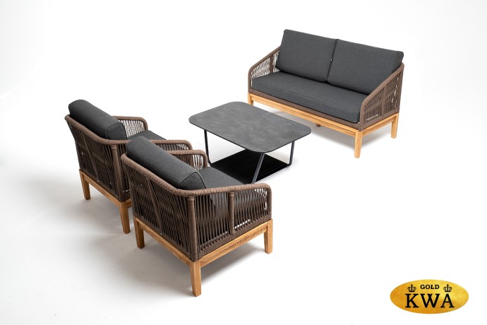 "Канны" лаунж-зона 4-местная из роупа со столом "Гранада" (серый гранит), основание дуб, роуп коричневый, ткань темно-серая