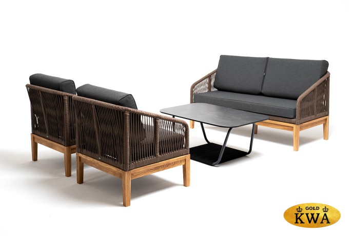 "Канны" лаунж-зона 4-местная из роупа со столом "Гранада" (серый гранит), основание дуб, роуп коричневый, ткань темно-серая