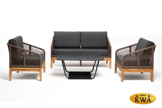 "Канны" лаунж-зона 4-местная из роупа со столом "Гранада" (серый гранит), основание дуб, роуп коричневый, ткань темно-серая