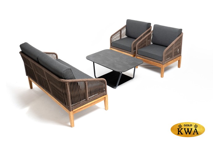 "Канны" лаунж-зона 4-местная из роупа со столом "Гранада" (серый гранит), основание дуб, роуп коричневый, ткань темно-серая