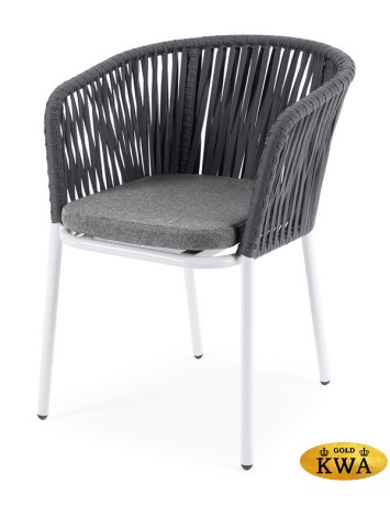 "Бордо" стул плетеный из роупа, каркас алюминий белый шагрень, роуп серый 15мм, ткань серая