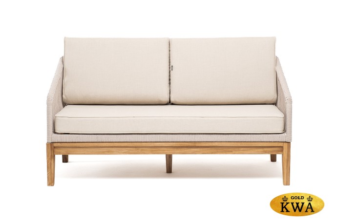 "Канны" диван 2-местный плетеный из роупа, основание дуб, роуп бежевый круглый, ткань бежевая