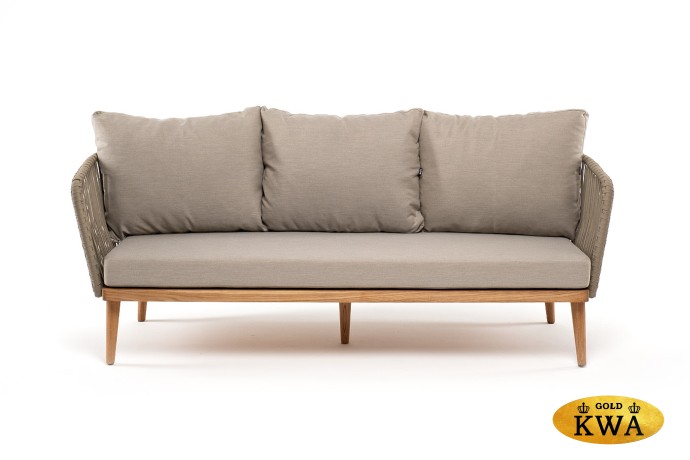 "Мальорка" диван 3-местный плетеный из роупа, основание дуб, роуп серо-коричневый 23мм, ткань бежевая 052