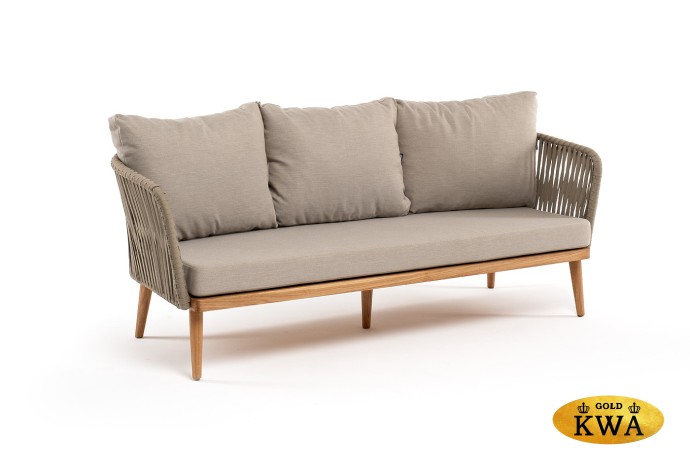 "Мальорка" диван 3-местный плетеный из роупа, основание дуб, роуп серо-коричневый 23мм, ткань бежевая 052