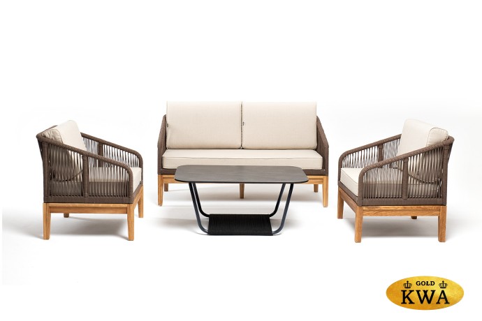 "Канны" лаунж-зона 4-местная из роупа со столом "Гранада" (серый гранит), основание дуб, роуп коричневый, ткань бежевая