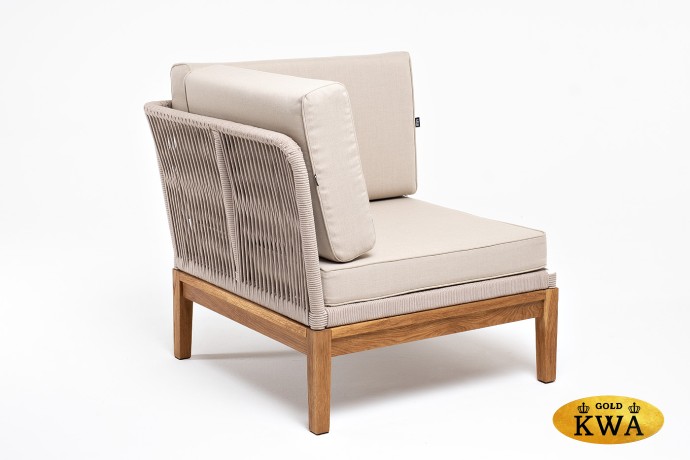 "Канны" угловой модуль плетеный из роупа, основание дуб, роуп бежевый круглый, ткань бежевая 052