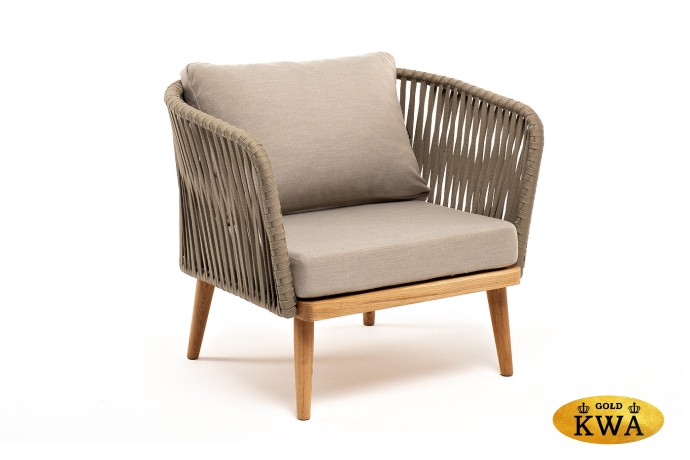 "Мальорка" кресло плетеное из роупа, основание дуб, роуп серо-коричневый 23мм, ткань бежевая 052