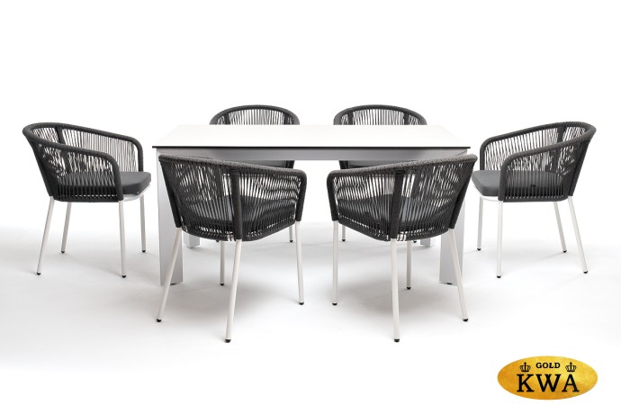 "Венето" обеденная группа на 6 персон со стульями "Марсель", каркас белый, роуп серый