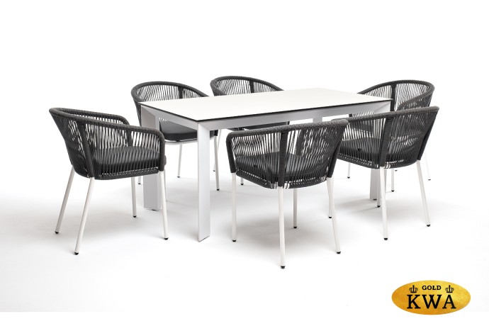 "Венето" обеденная группа на 6 персон со стульями "Марсель", каркас белый, роуп серый
