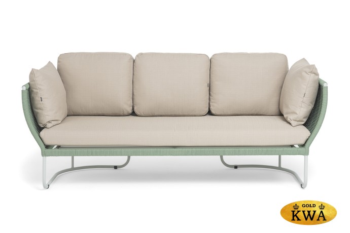 "Фиджи" диван 3-местный плетеный из роупа, каркас алюминий светло-серый (RAL7035) муар, роуп зеленый (4204) круглый tex, ткань Mossle бежевая