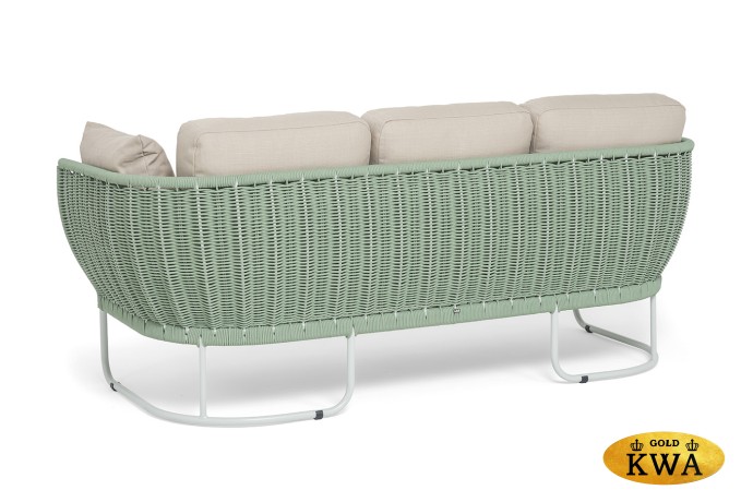 "Фиджи" диван 3-местный плетеный из роупа, каркас алюминий светло-серый (RAL7035) муар, роуп зеленый (4204) круглый tex, ткань Mossle бежевая