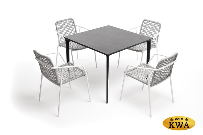 "Малага" обеденная группа на 4 персоны со стульями "Тунис", каркас белый, роуп светло-серый
