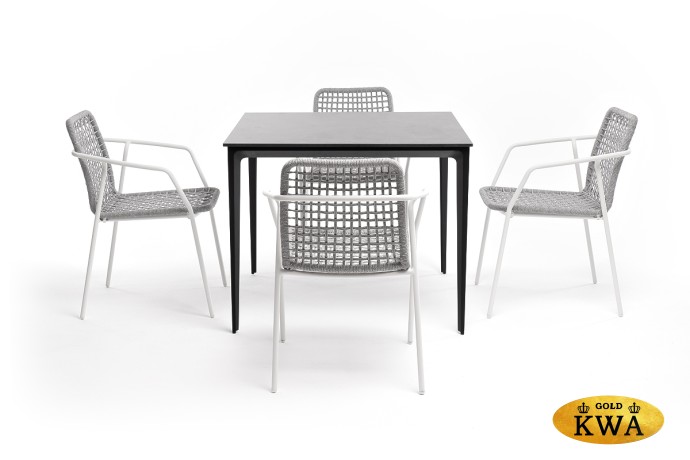 "Малага" обеденная группа на 4 персоны со стульями "Тунис", каркас белый, роуп светло-серый