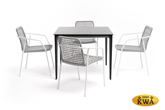 "Малага" обеденная группа на 4 персоны со стульями "Тунис", каркас белый, роуп светло-серый