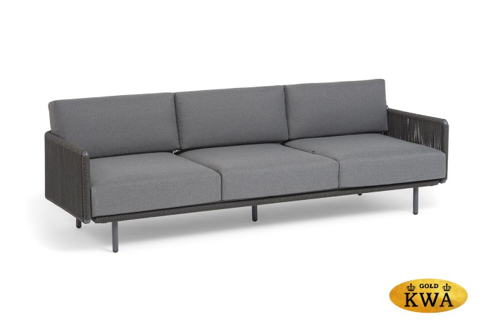 "Джелло" диван 3-местный плетеный из роупа, каркас алюминий темно-серый (RAL7024) муар, роуп темно-серый круглый, ткань темно-серая 027