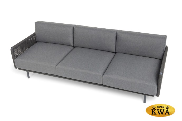 "Джелло" диван 3-местный плетеный из роупа, каркас алюминий темно-серый (RAL7024) муар, роуп темно-серый круглый, ткань темно-серая 027