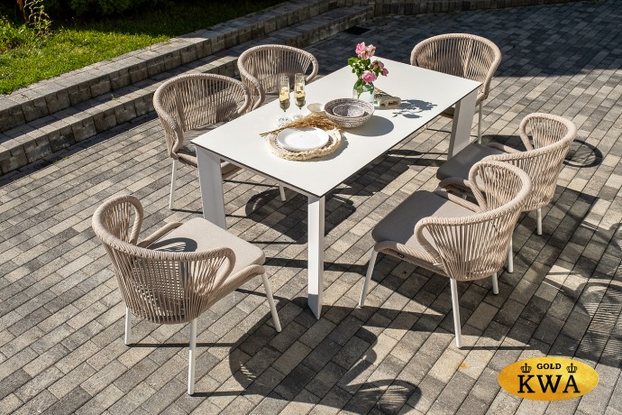 "Венето" обеденная группа на 6 персон со стульями "Милан", каркас белый, роуп бежевый