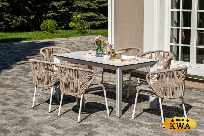 "Венето" обеденная группа на 6 персон со стульями "Милан", каркас белый, роуп бежевый