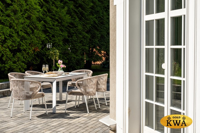 "Венето" обеденная группа на 6 персон со стульями "Милан", каркас белый, роуп бежевый