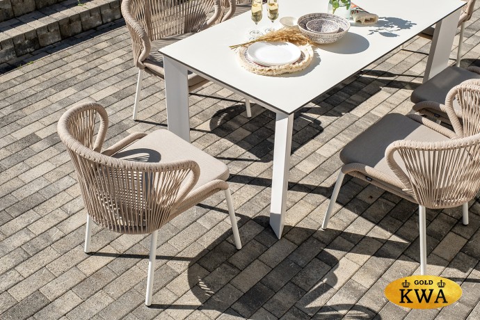 "Венето" обеденная группа на 6 персон со стульями "Милан", каркас белый, роуп бежевый