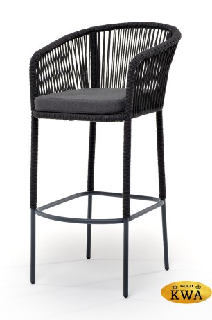 "Марсель" стул барный плетеный из роупа, каркас из стали темно-серый (RAL7024) муар, роуп темно-серый круглый, ткань темно-серая 027