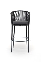 "Марсель" стул барный плетеный из роупа, каркас из стали темно-серый (RAL7024) муар, роуп темно-серый круглый, ткань темно-серая 027