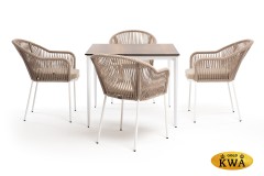 "Малага" обеденная группа на 4 персоны со стульями "Лион", каркас белый, роуп бежевый