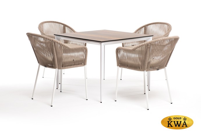 "Малага" обеденная группа на 4 персоны со стульями "Лион", каркас белый, роуп бежевый