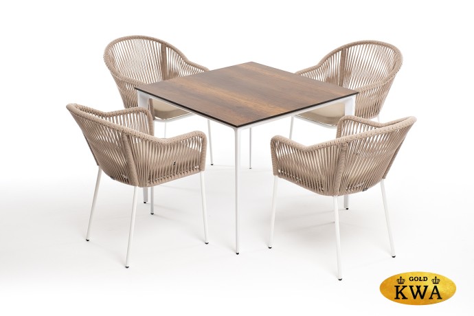 "Малага" обеденная группа на 4 персоны со стульями "Лион", каркас белый, роуп бежевый