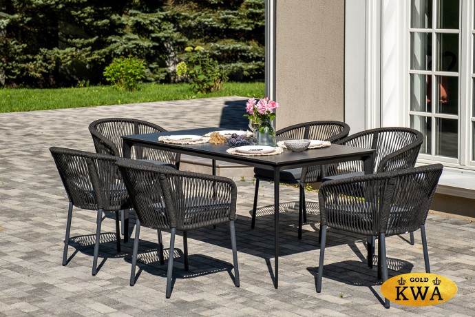 "Малага" обеденная группа на 6 персон со стульями "Марсель", каркас темно-серый, роуп темно-серый