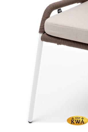 "Милан" стул плетеный из роупа, каркас алюминий белый, роуп коричневый круглый, ткань бежевая