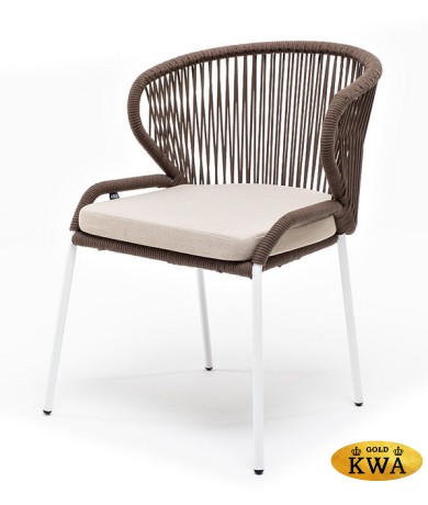 "Милан" стул плетеный из роупа, каркас алюминий белый, роуп коричневый круглый, ткань бежевая