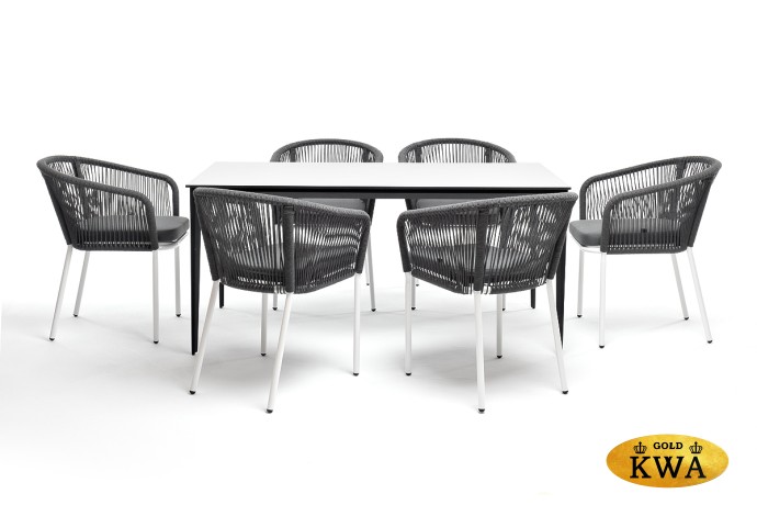 "Малага" обеденная группа на 6 персон со стульями "Марсель", каркас белый, роуп серый