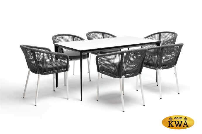 "Малага" обеденная группа на 6 персон со стульями "Марсель", каркас белый, роуп серый