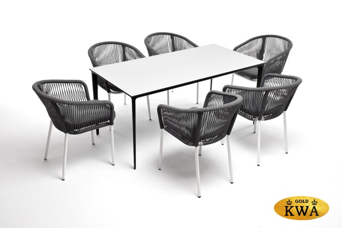 "Малага" обеденная группа на 6 персон со стульями "Марсель", каркас белый, роуп серый