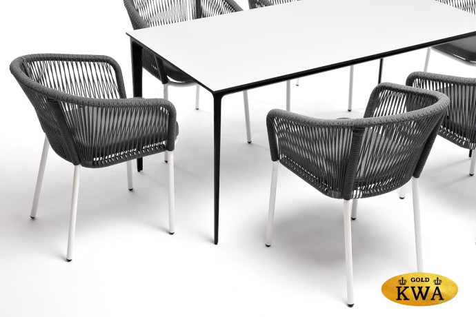 "Малага" обеденная группа на 6 персон со стульями "Марсель", каркас белый, роуп серый