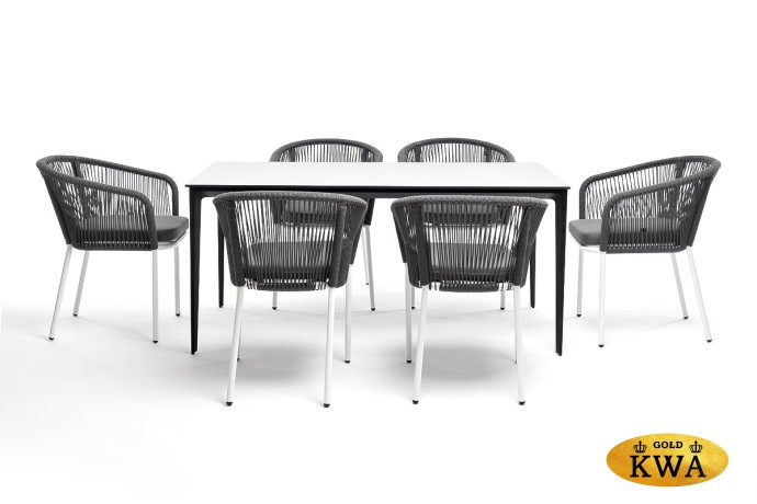 "Малага" обеденная группа на 6 персон со стульями "Марсель", каркас белый, роуп серый