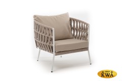 &quot;Диего&quot; кресло плетеное из роупа, каркас алюминий белый муар, роуп бежевый круглый, ткань бежевая 035