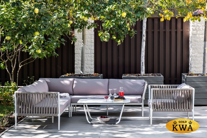 "Касабланка" диван модульный плетеный из роупа, каркас алюминий, роуп серо-коричневый 23мм, ткань бежевая 052