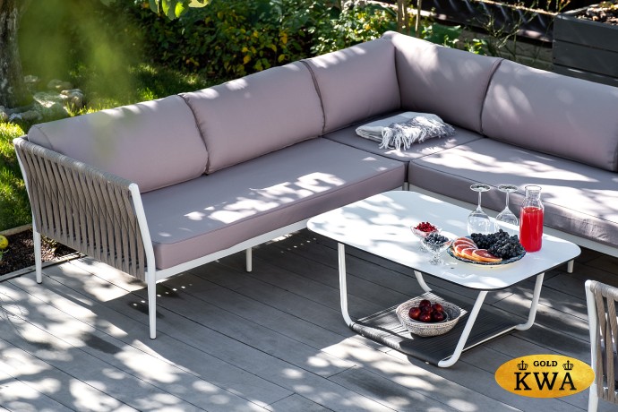 "Касабланка" диван модульный плетеный из роупа, каркас алюминий, роуп серо-коричневый 23мм, ткань бежевая 052