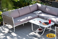 "Касабланка" диван модульный плетеный из роупа, каркас алюминий, роуп серо-коричневый 23мм, ткань бежевая 052