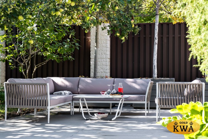 "Касабланка" диван модульный плетеный из роупа, каркас алюминий, роуп серо-коричневый 23мм, ткань бежевая 052