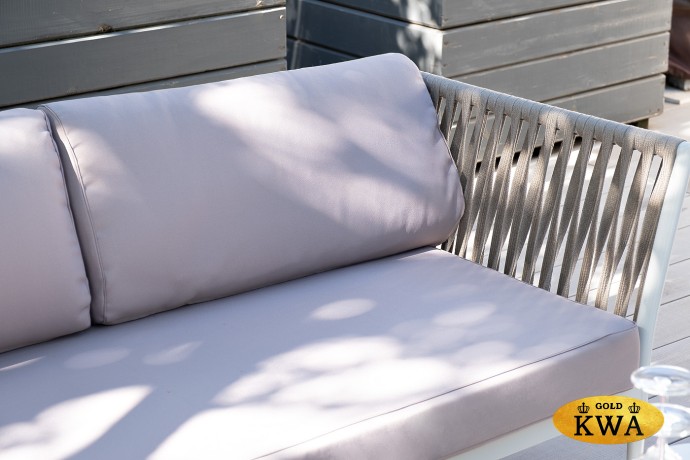 "Касабланка" диван модульный плетеный из роупа, каркас алюминий, роуп серо-коричневый 23мм, ткань бежевая 052