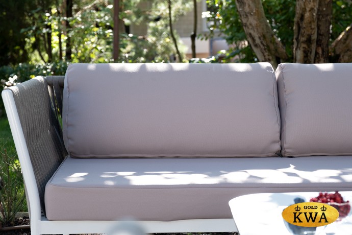 "Касабланка" диван модульный плетеный из роупа, каркас алюминий, роуп серо-коричневый 23мм, ткань бежевая 052