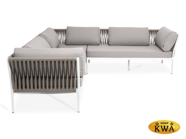 "Касабланка" диван модульный плетеный из роупа, каркас алюминий, роуп серо-коричневый 23мм, ткань бежевая 052